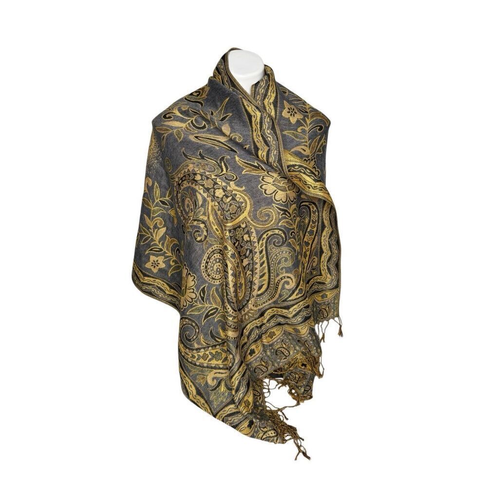 Gray and gold paisley print large scarf size 68 X 27